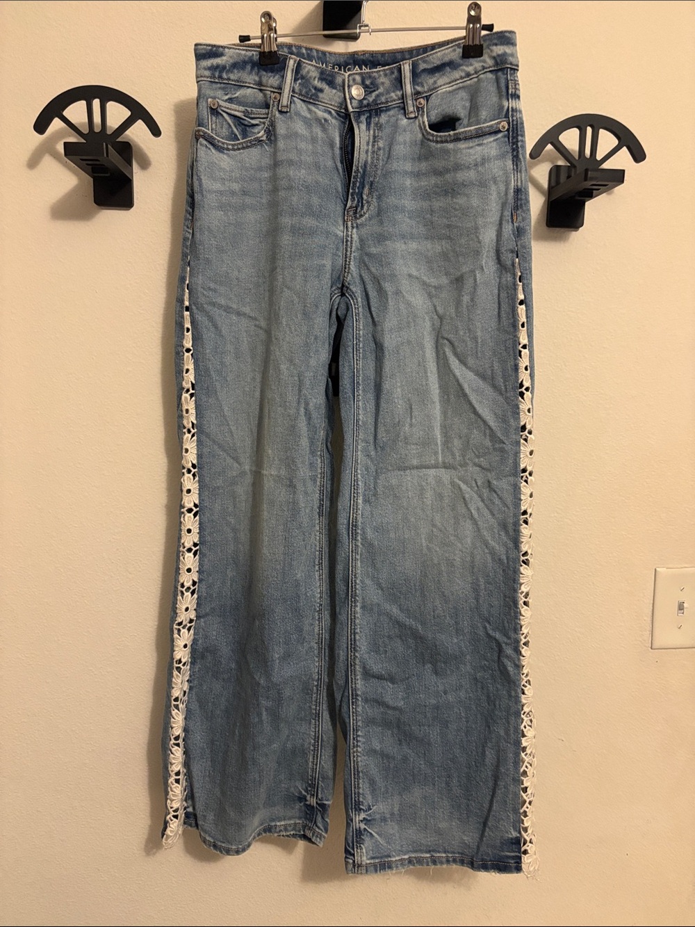 American Eagle Outfitters Light Wash Wide Leg Jeans with White Crochet Trim